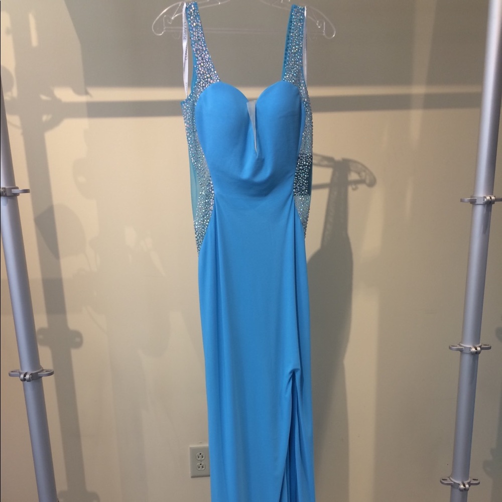 New! Light Blue, floor length dress, with leg slit